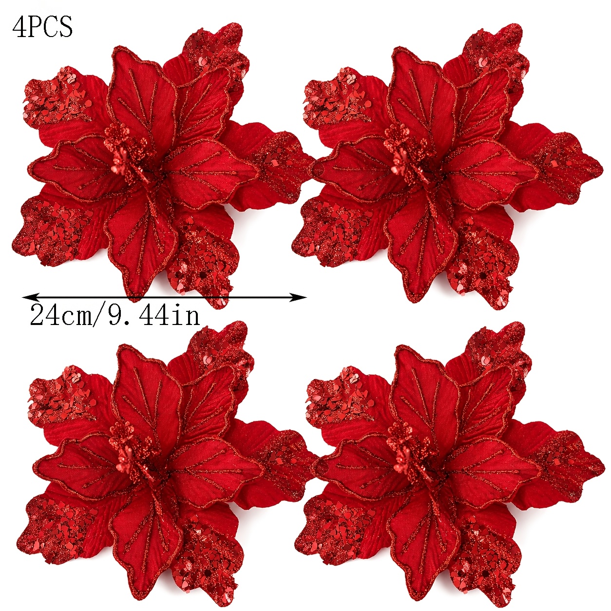 TEMU Set van 4 rode fluwelen kerststerren, glinsterende kunstmatige rode kerstbloemen, kerstboomkrans deurhanger , doe-het-zelf decoratieve bloemen