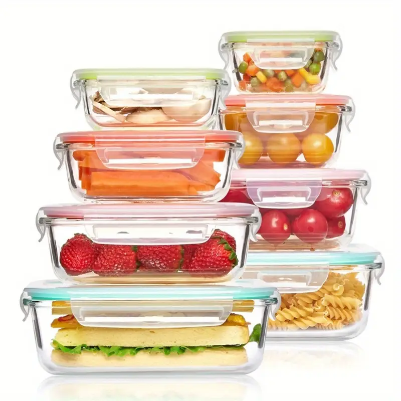 8pcs borosilicate glass food storage containers with leak proof lids microwave oven dishwasher safe bpa free stackable rectangular lunch boxes for rv camping food storage organizer microwave safe containers lid design bpafree material Product details 2