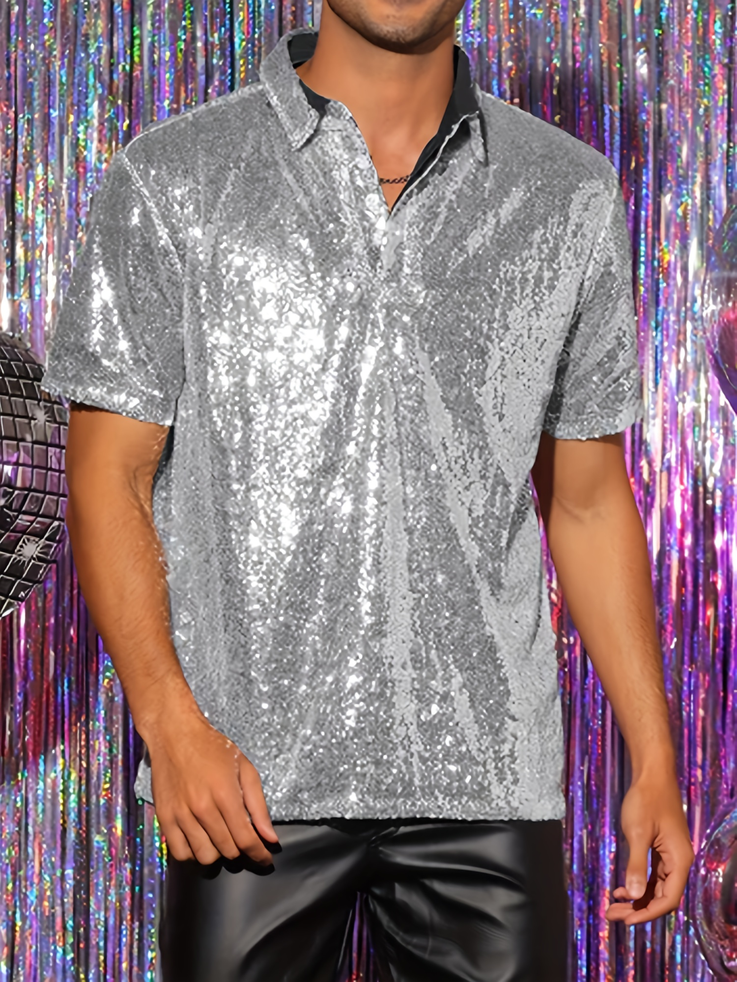 sparkly mens dress shirts Xdzjlr Mens Dress Shirt Sparkly Glitter Sequin Print Shirt Long Sleeve Casual Button Down Festival Celebration For Disco Party Nightclub Prom Xxl,