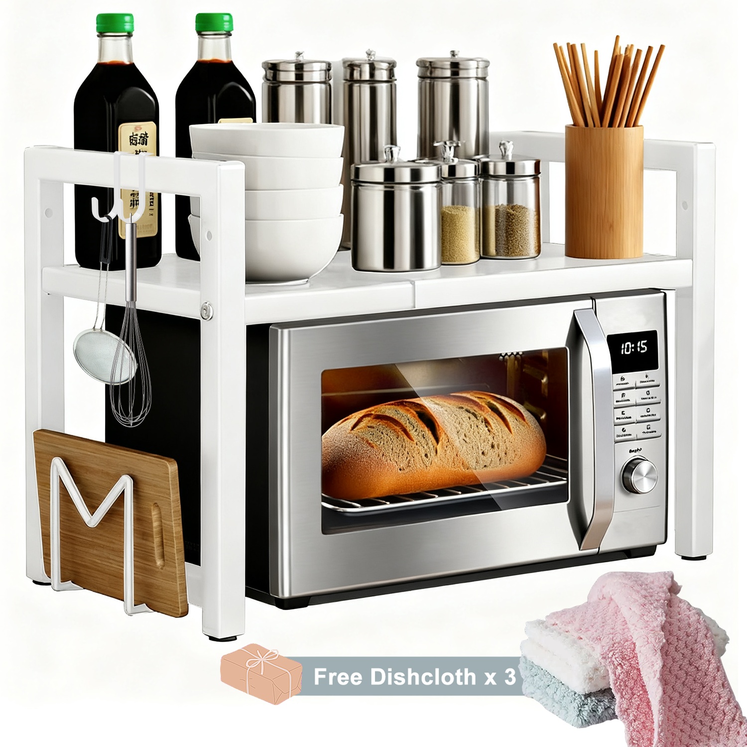 TEMU 2/3-tier Expandable Microwave Rack With , A Cutting Board Holder, And 3 Towels. Width Extends From 40cm To 64cm, Height Adjustable. Suitable For