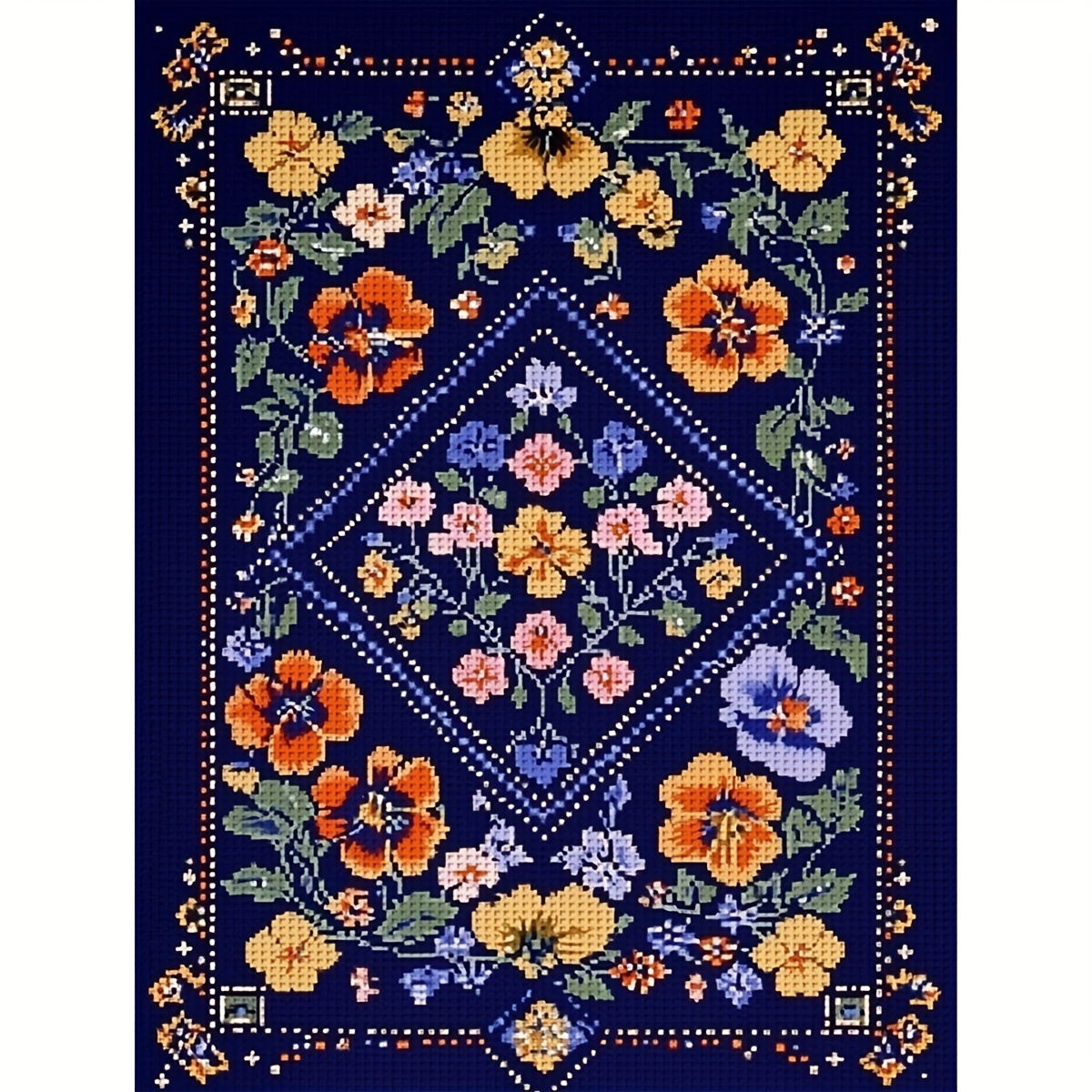 TEMU Navy , Elegant Rhombus Border Design, Embellished With Orange And Yellow Tri-color Pansy Floral Pattern 11ct/14ct Printed Cross Stitch Diy Kit,