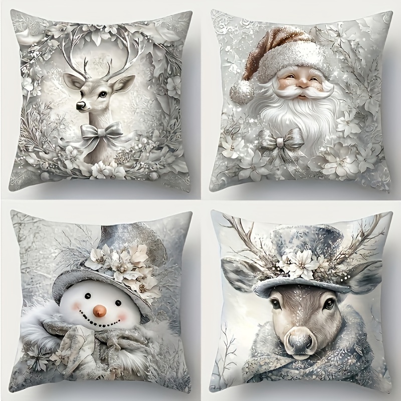 

4pcs Winter Christmas Throw Pillow Covers - Contemporary Style, Zip Closure, Machine Washable For Sofa, Bed, Car & Home Decor