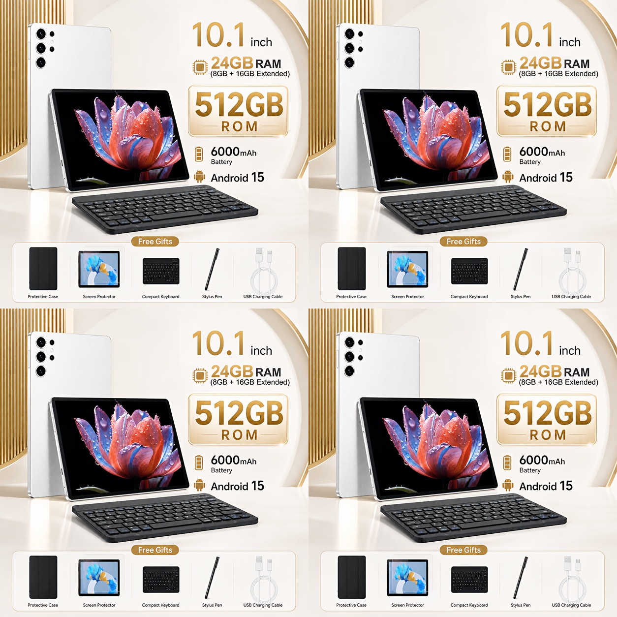 Image of Tablet Computer 24gb (8gb+16gb) 512gb Rom, 15 Os, 10" Display, 1600x2560 Resolution, 16mp Back Camera, 8mp Front, 6000mah Fast Charging, With Keyboard & Stylus - For Office Tasks, Tablet, Pad