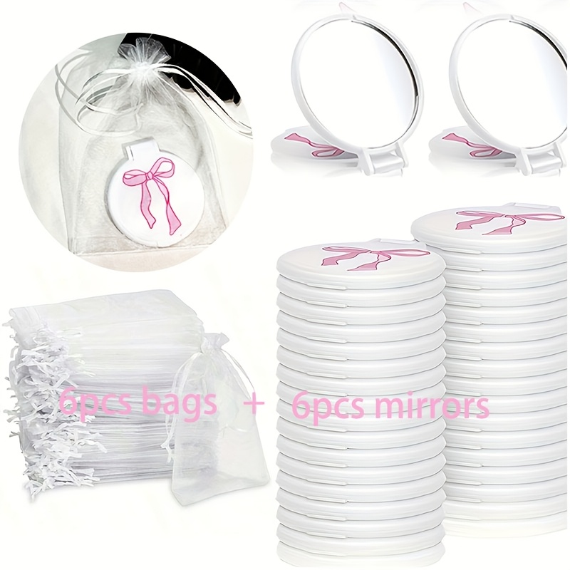 E-shop 6/12 Stück Rosa Schmetterling Mini-Taschenspiegel Set, Kompakter Runder Faltspiegel, Koreanischer Stil Schminkspiegel mit Weißem