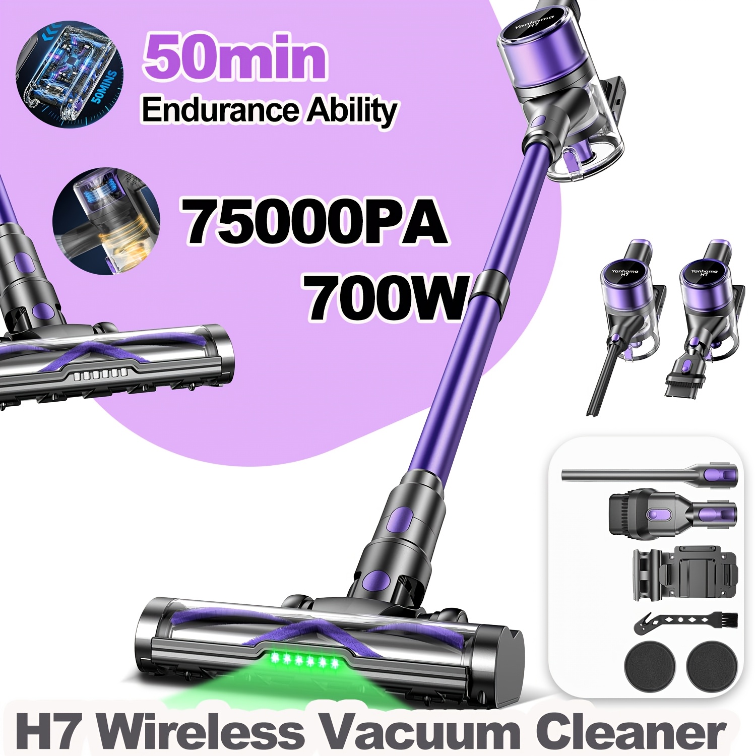 E-shop Yanhama H7 Akku-Staubsauger: 75000Pa starke Saugkraft + 700W Leistung + 4D-Turbinenbürste + mehrschichtige Filterung, reinigt effizient Staub,