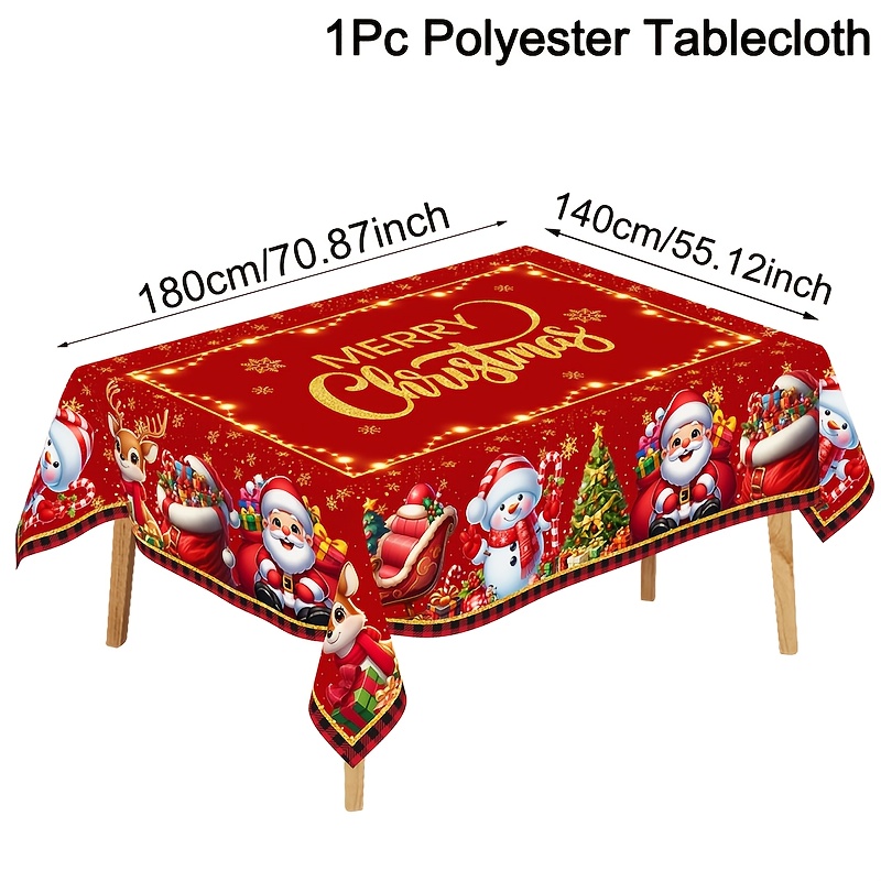 Image of 1pc, Festive Christmas Tablecloth, Polyester Santa Claus Snowman And Reindeer Design Rectangle/round Table Cover, For Home Kitchen Dining Indoor And Outdoor Parties
