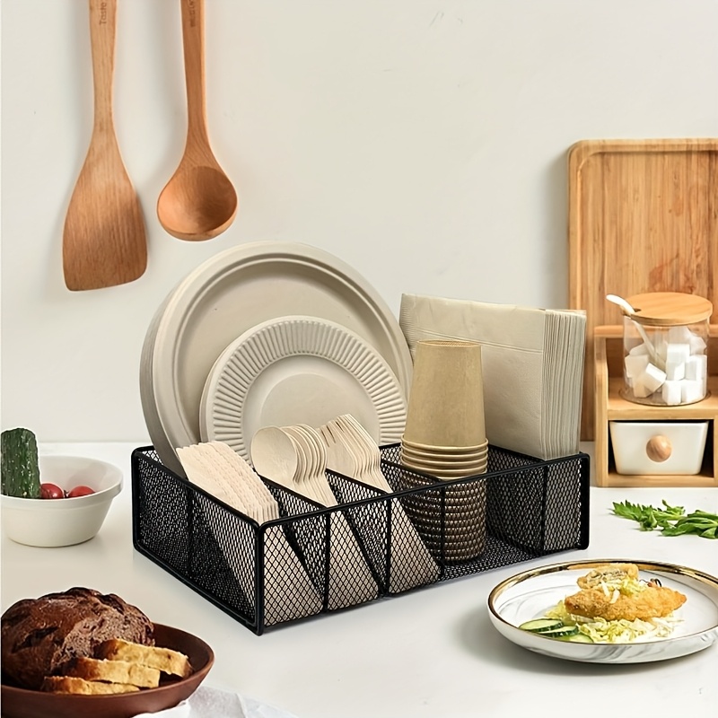 TEMU Black Metal Cutlery Storage Box With Compartments - Heavy-duty Iron Construction, Portable Kitchen Storage Organizer For Plates, Napkins, Cups,