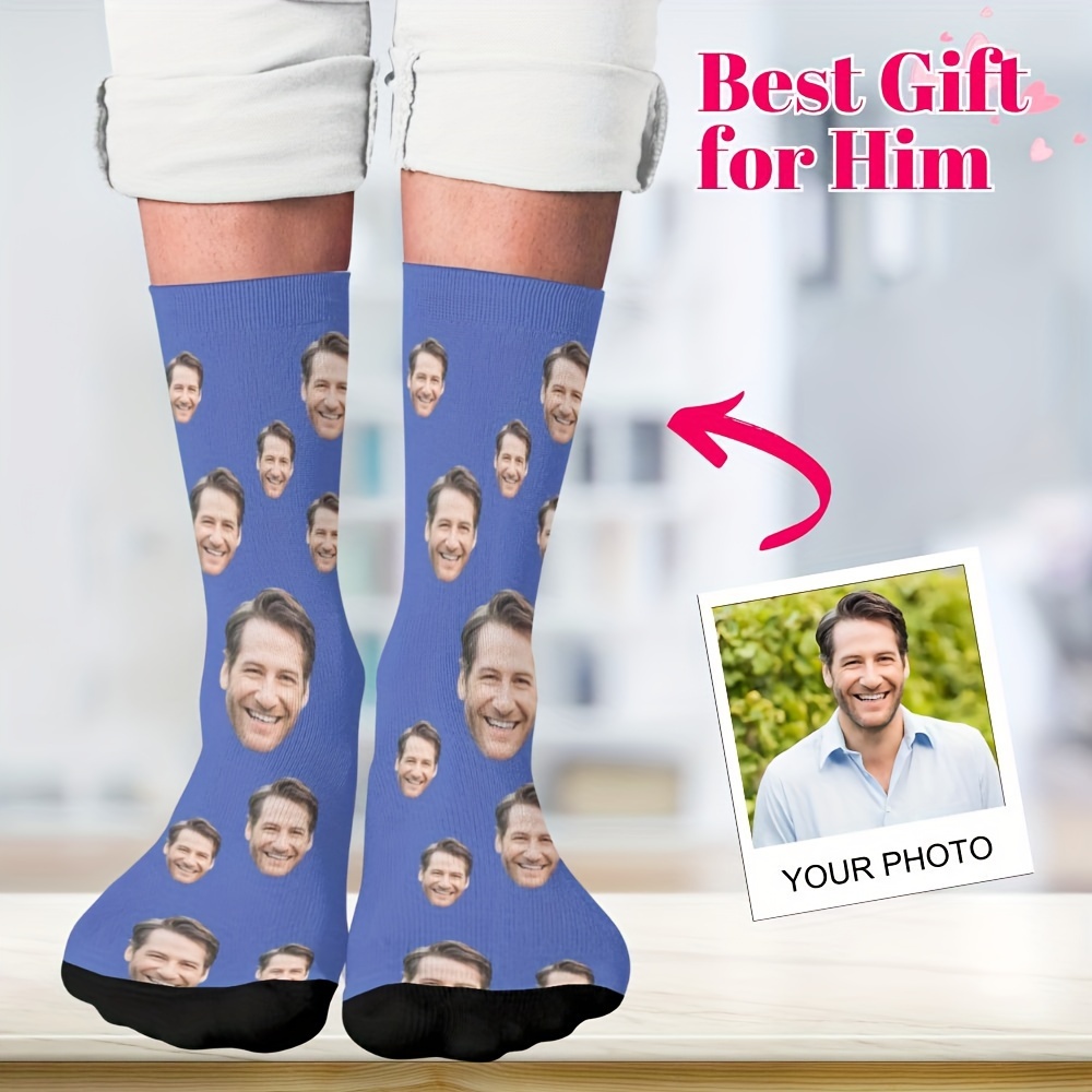 

Custom Photo Men's Crew Socks - Personalized Portrait Design, Breathable Polyester, Perfect Gift For Boyfriend Or Husband