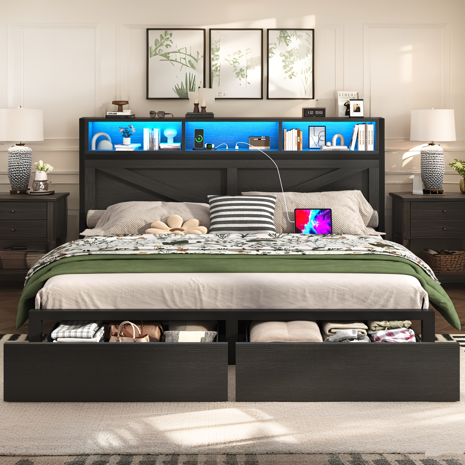 Farmhouse Bed Frame with Storage Headboard and Drawers, LED Light and Charging Outlet, Noise Free, No Box Spring Needed