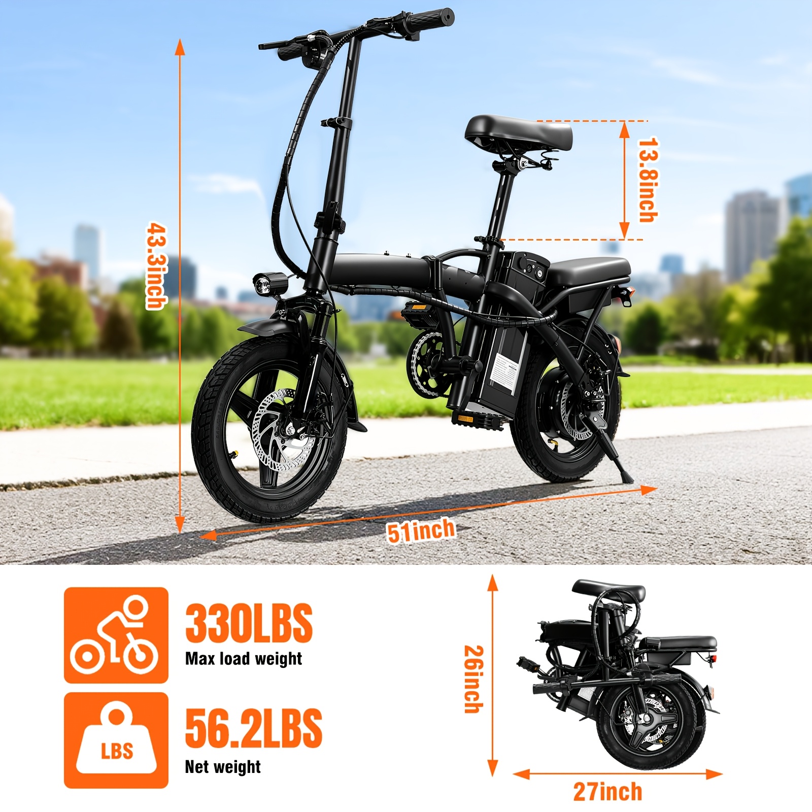 14 Inch Folding Electric Bike with 500W Motor, Portable Commuter Bicycle, Speeds 15-24 MPH