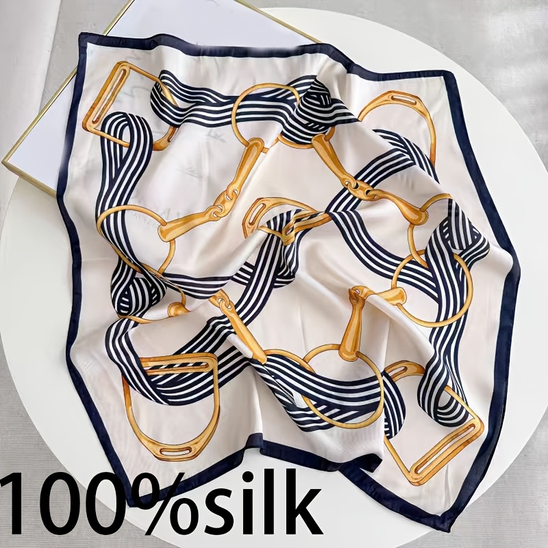 TEMU Light Luxury Vintage Style 100% Silk Vintage Metal Buckle Striped Print Women' Scarf, , Headband, Neck Accessory, Scarf. Featuring A Soft Milky