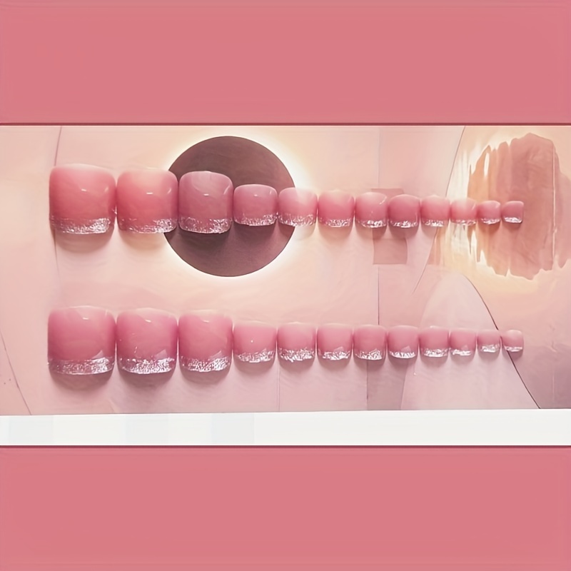 24pcs press on toe nails elegant pink glitter glossy   false nails   nail kit for women and girls removable with jelly   nail file included Product details 2