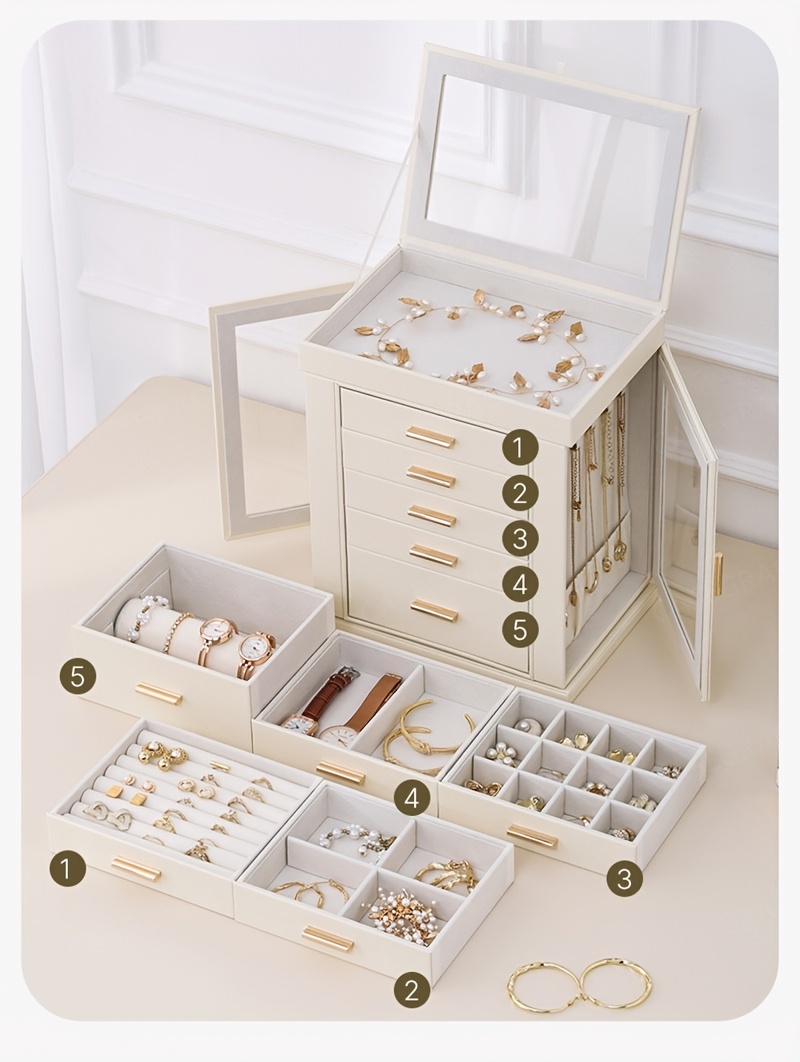 1pc   360 rotating jewelry organizer   drawer large capacity   leather storage with transparent   modern elegant design for necklaces rings earrings watches perfect gift for women valentines day mothers day birthday necklace display     construction home decor lovers jewelry boxes Product details 12