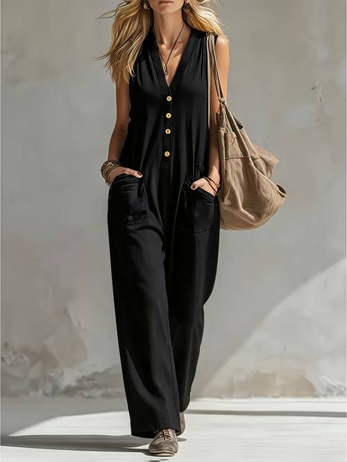 item picture plus size sleeveless wide leg button pocket solid color v neck jumpsuit