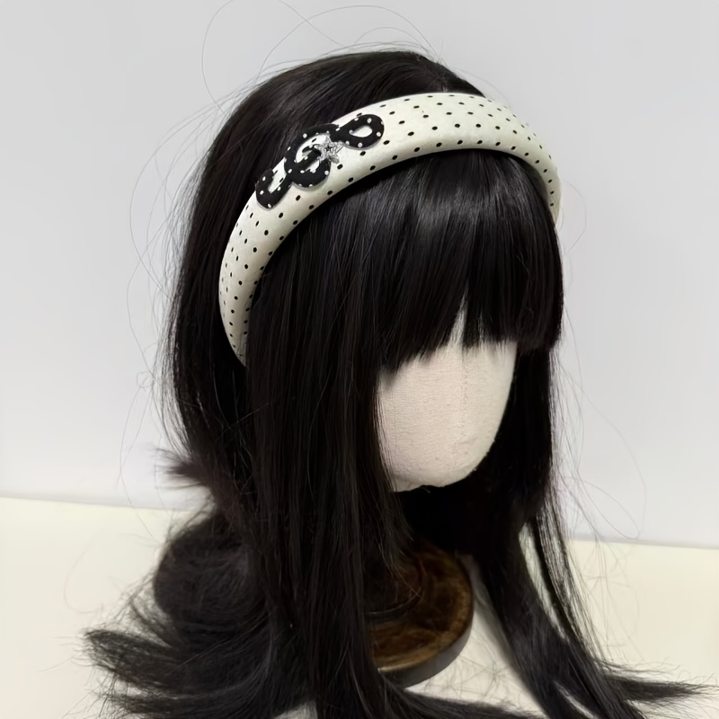 TEMU 1 serre-tête à pois avec note de musique, bandeau à strass étoile et blanche et noire, serre-tête en éponge de style doux et pur, convient pour