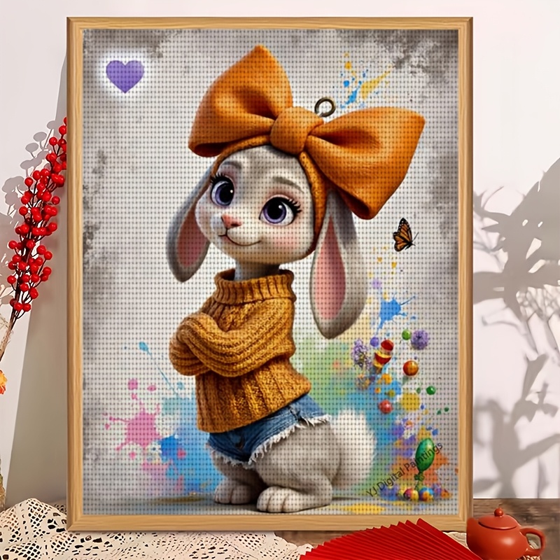 item picture 1 set of new frameless cross stitch printed kit featuring   cute rabbit in orange sweater with bow this home decoration art hand embroidery set   printed fabric thread needle and instructions ideal for living room or bedroom