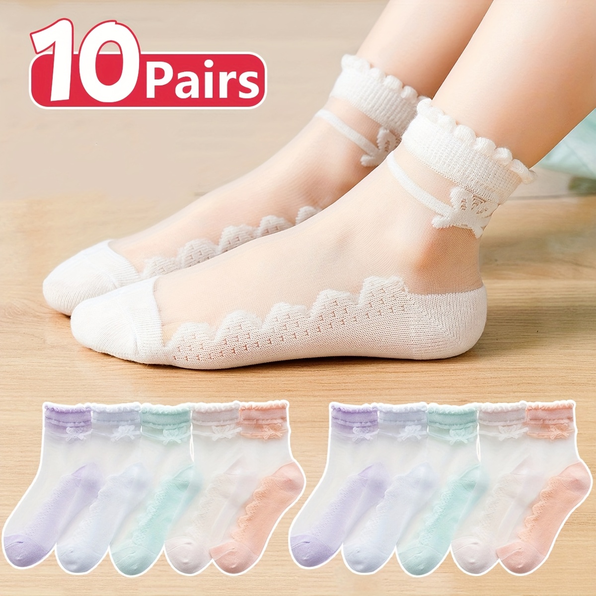 Image of 10 Pairs Of Girls' Cute Bow Ultra-thin Socks, Breathable And Sweat-proof / Thickened Soles For Non-slip, Fashionable Summer Crew Socks, Daily Wear