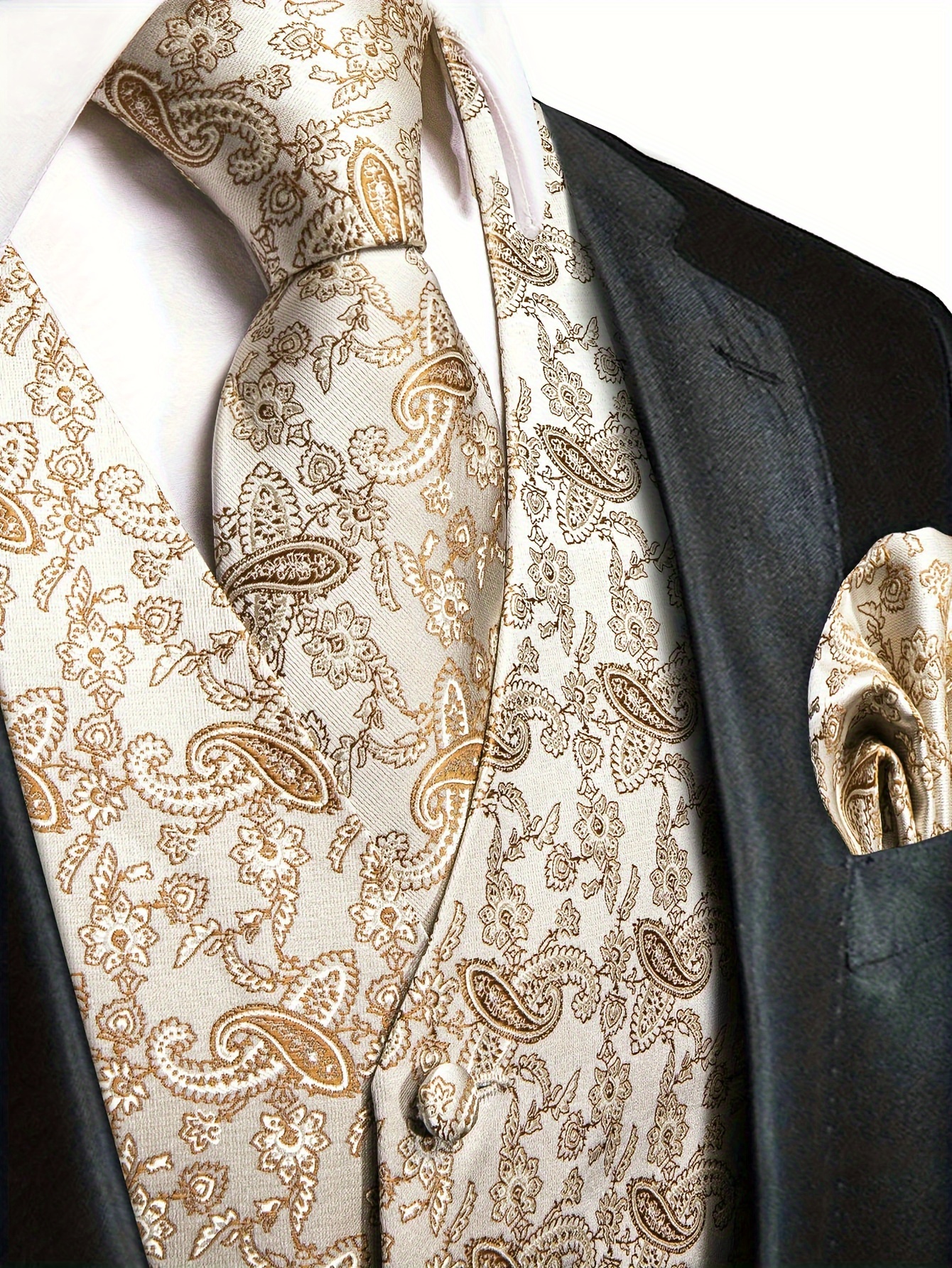 Men's Paisley Graphic Print V Neck Waistcoat & Necktie & Handkerchief & Cufflinks 4-piece Set For Party/wedding/formal Prom
