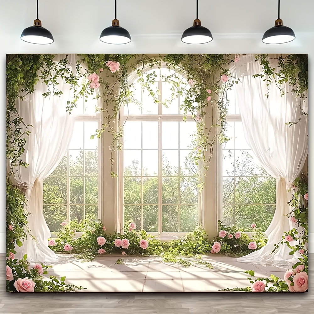 

Elegant Castle Window Photography Backdrop - Polyester Tapestry With & Balcony Flowers, Ideal For Easter, Birthday Parties & Room Decor