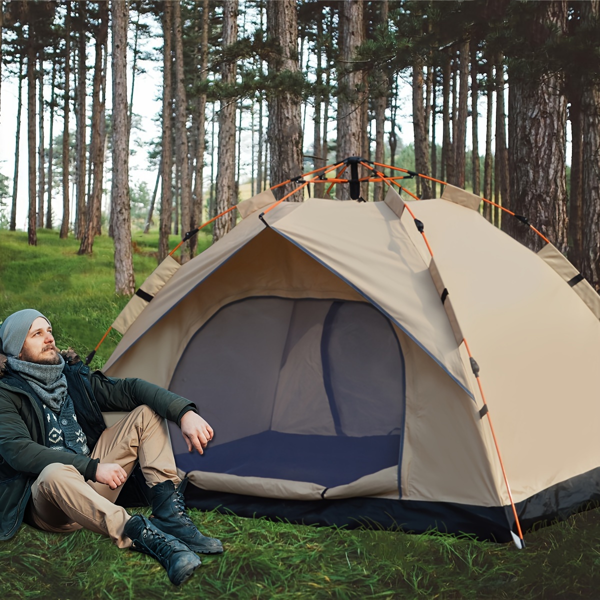 TEMU Automatic Quick-open Tent With Uv Protection: 4-person Camping Tent For Beach, Fishing, Hiking, And Hunting