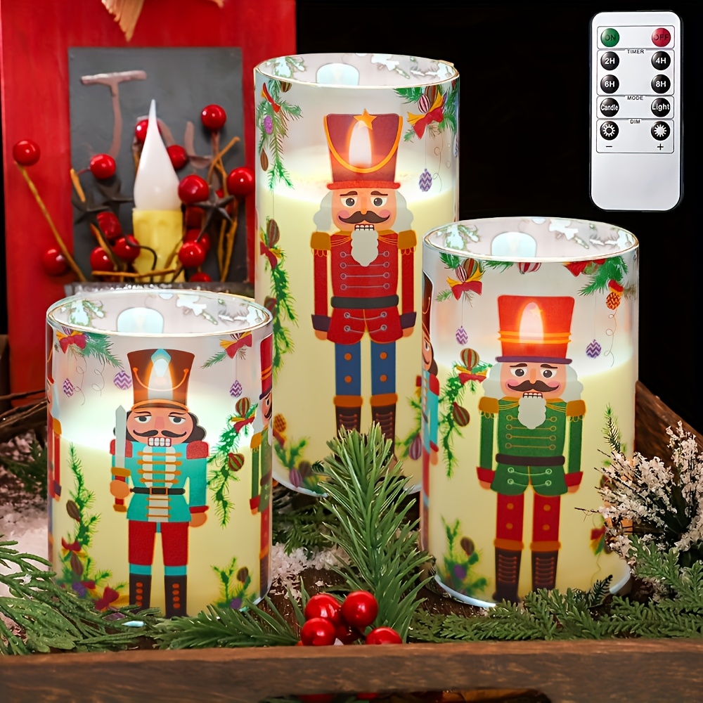 TEMU 3pcs Christmas Nutcracker Flameless Candle Set Party Table Centerpiece, Battery-operated Flickering Led Pillar Candles With Timer And Remote