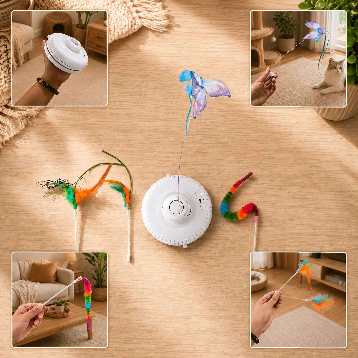 TEMU Control Of Three-speed Automatic Rotation Cat Interactive Toy, 3 Replaceable Additions, Usb Charging Indoor Cat Teasing Toy To Cat Hunting