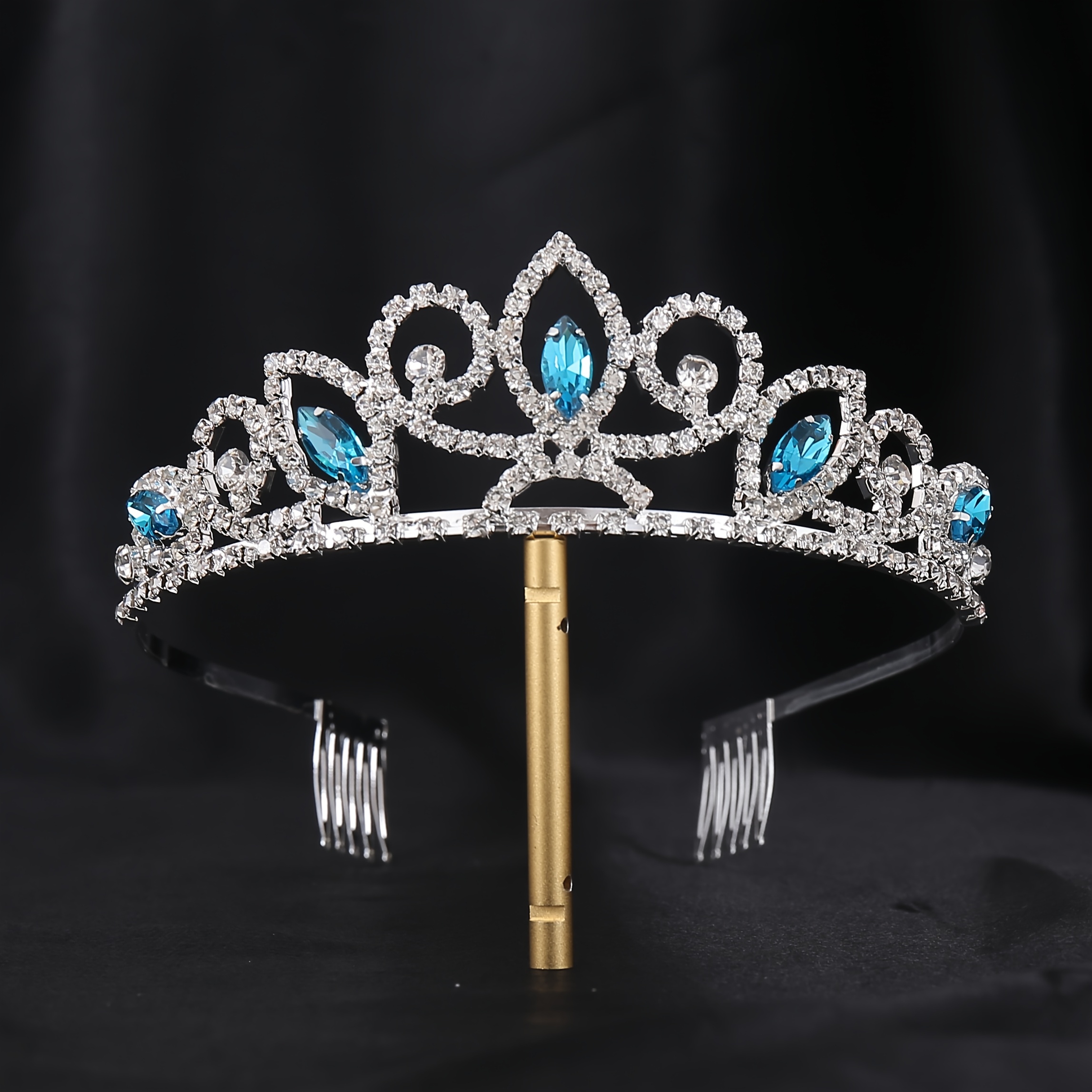 Image of 1pc Blue Glass Rhinestone Princess Crown Hair Accessory, Women's Hair Comb, Diamond Crown, Suitable For Daily Wear, Wedding Party Birthday Dressing