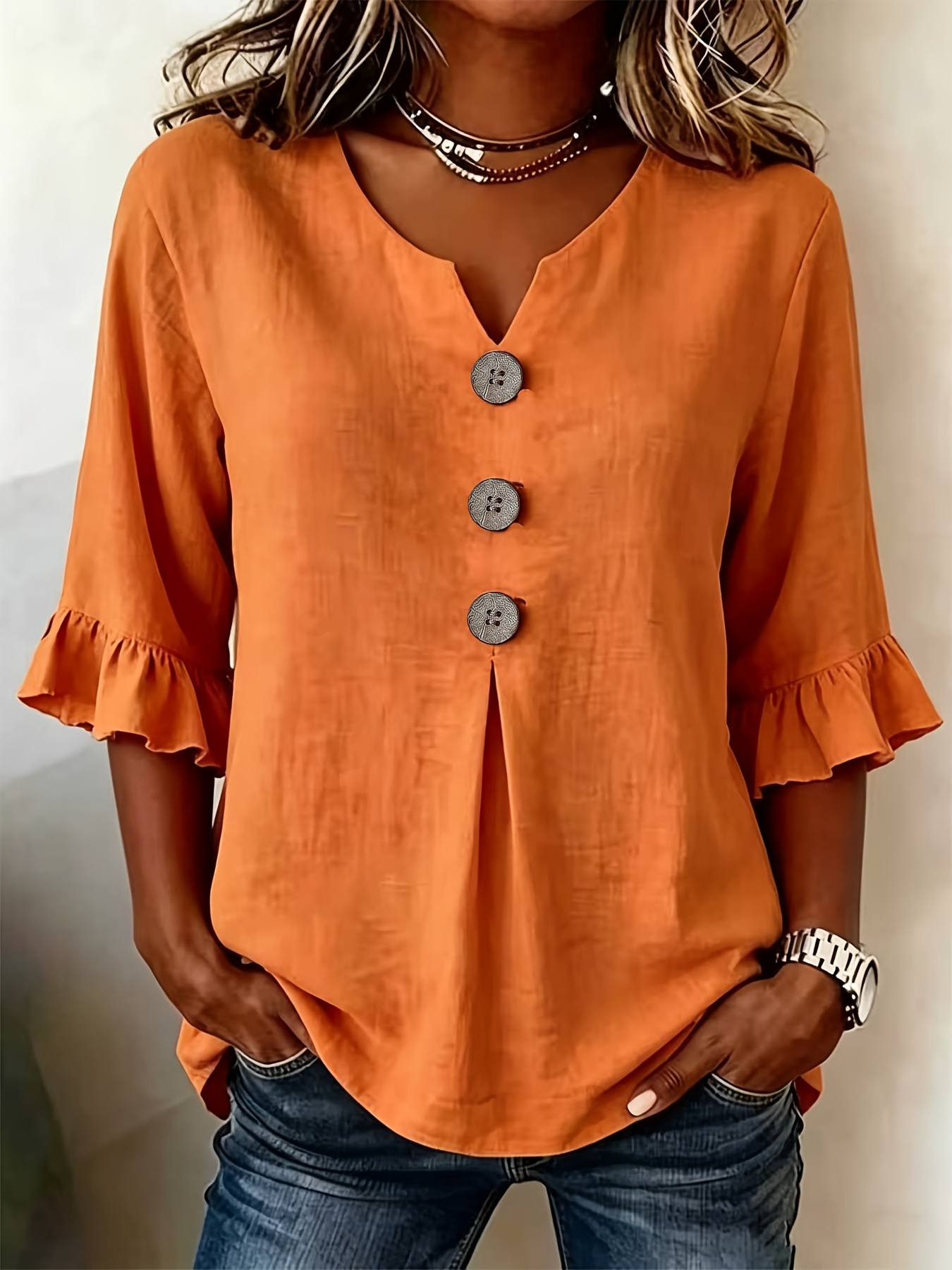 item picture plus size womens plus size casual v neck   with three button pockets and   sleeves commuter versatile top plus size loose casual shirt