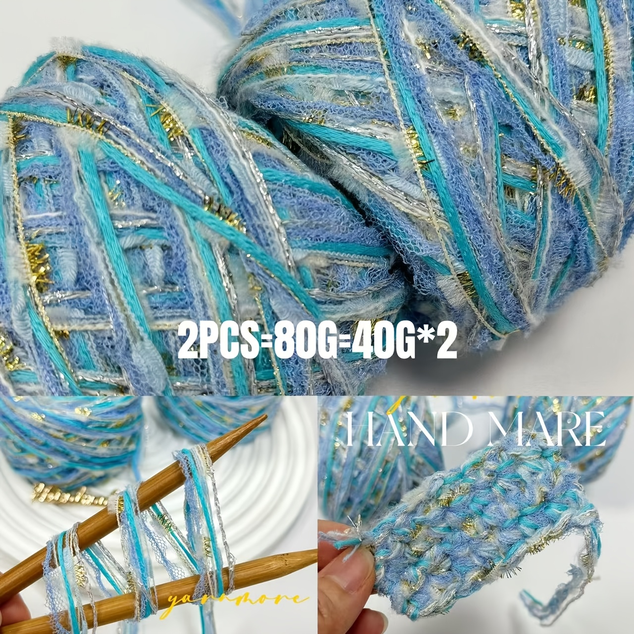 TEMU Lot de 2 de fil mélangé à bleu marine avec paillettes dorées écrasées, tricotée tissée à , fil pour kit de crochet, fil tricoté pour bricolage