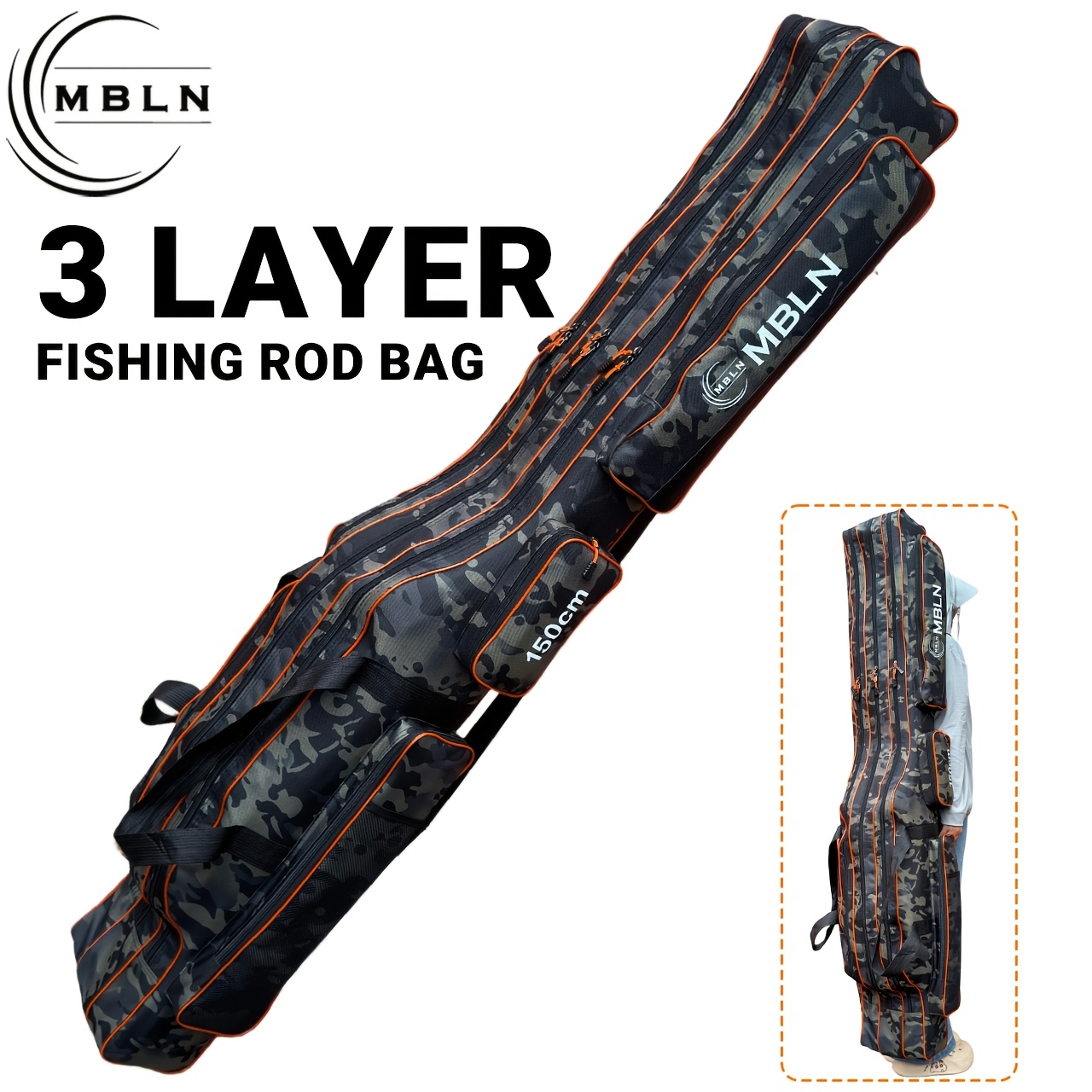 Image of 1pc, 150 Cm Three-layer + 3 Side Pocket Fishing Rod Bag, Green , Suitable For Sea Fishing, Freshwater Fishing And Long Rod Storage, Foldable And Portable, Wear-resistant Fabric, Double Shoulder Straps