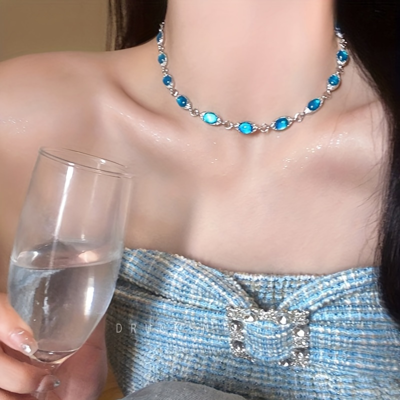 

Blue Zirconia Choker Necklace Necklace Women's Summer Light Luxury Minority High-grade Clavicle Chain Internet Celebrity Formal Dress Accessories