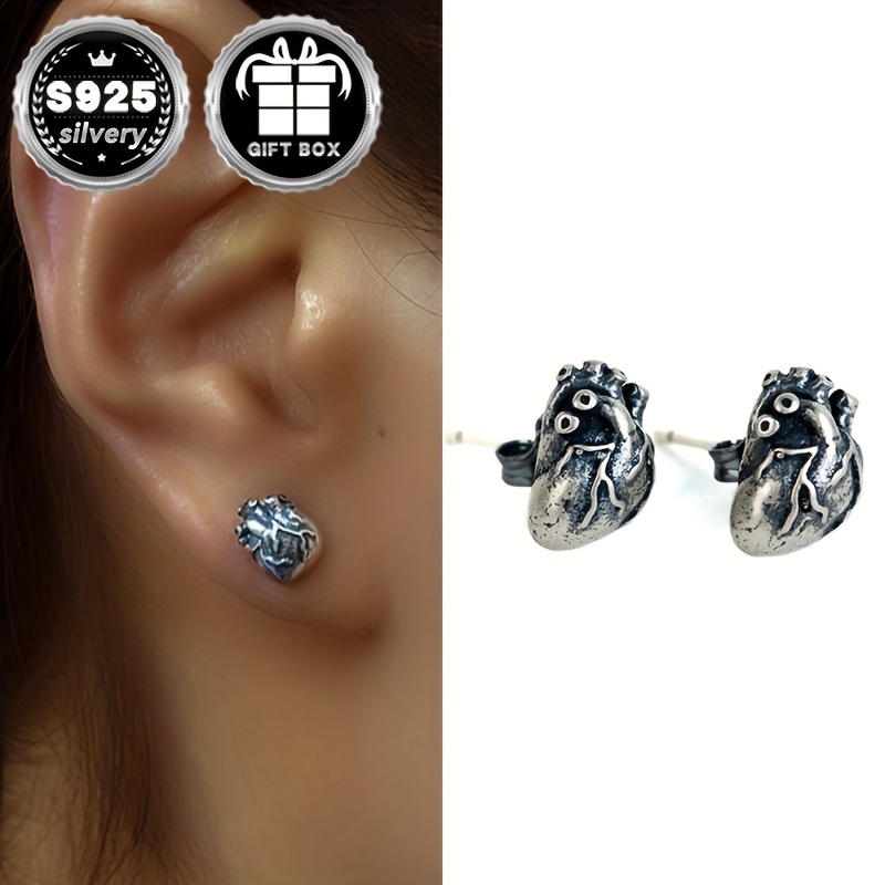 

925 Sterling Silver Heart Stud Earrings, 2pc Vintage Gothic Style, Unplated, Solid Silver Ear Needle, Daily & Gift Occasion, All-season Punk Heart-shaped Jewelry