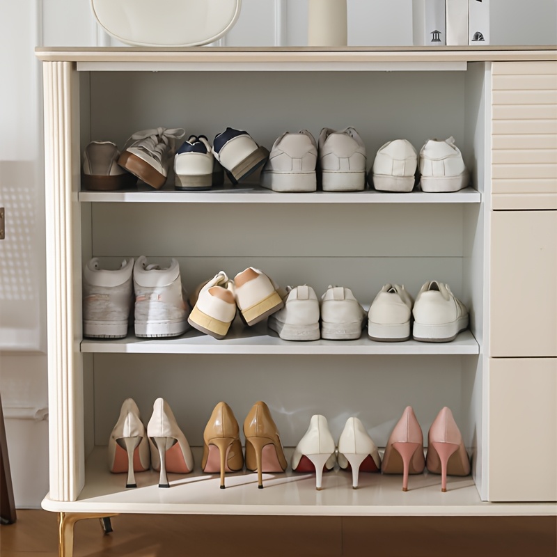 10pcs Shoe Rack, Vertical Stripe with Golden Ring. Stylish Color Scheme. Space-Saving, Solves Messy Issues, Fits All Kinds of Shoes. Foldable Splicing, Free Combination, Suitable For Living Room, Dormitory, Closet. Durable Pp Material