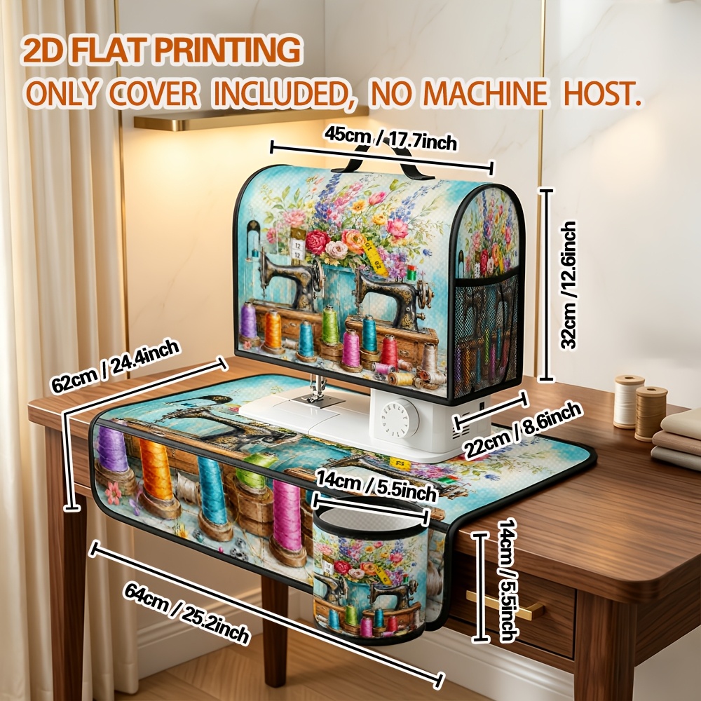 TEMU 2d Flat, Sewing Machine Sewing Machine Cover With Organizer Pockets And Top Carry Handle, Quilted Style With Colorful Threads And Flowers, Fits