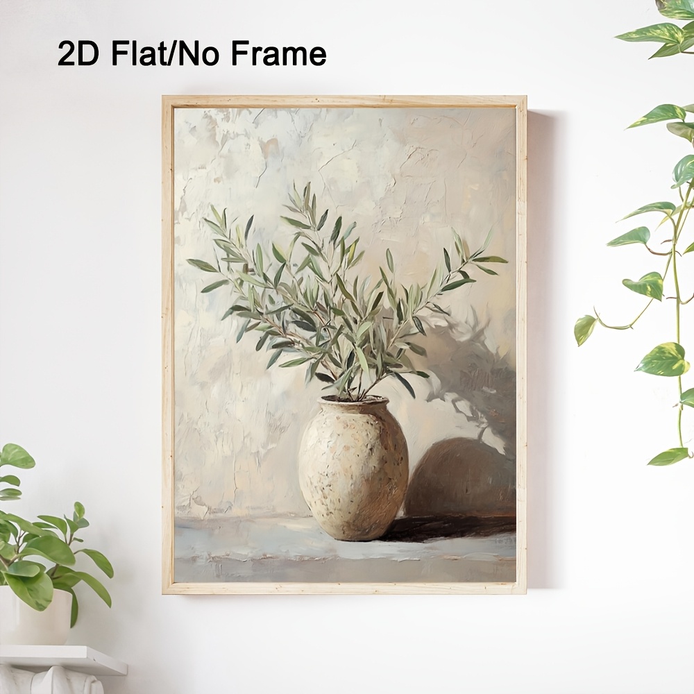 TEMU 2d Flat, 2d Flat, 1pc, Frameless, Olive Plant Still Life Art Print, Rustic Mediterranean Style Wall Decor, Farmhouse Plants, Neutral Tones, Sage