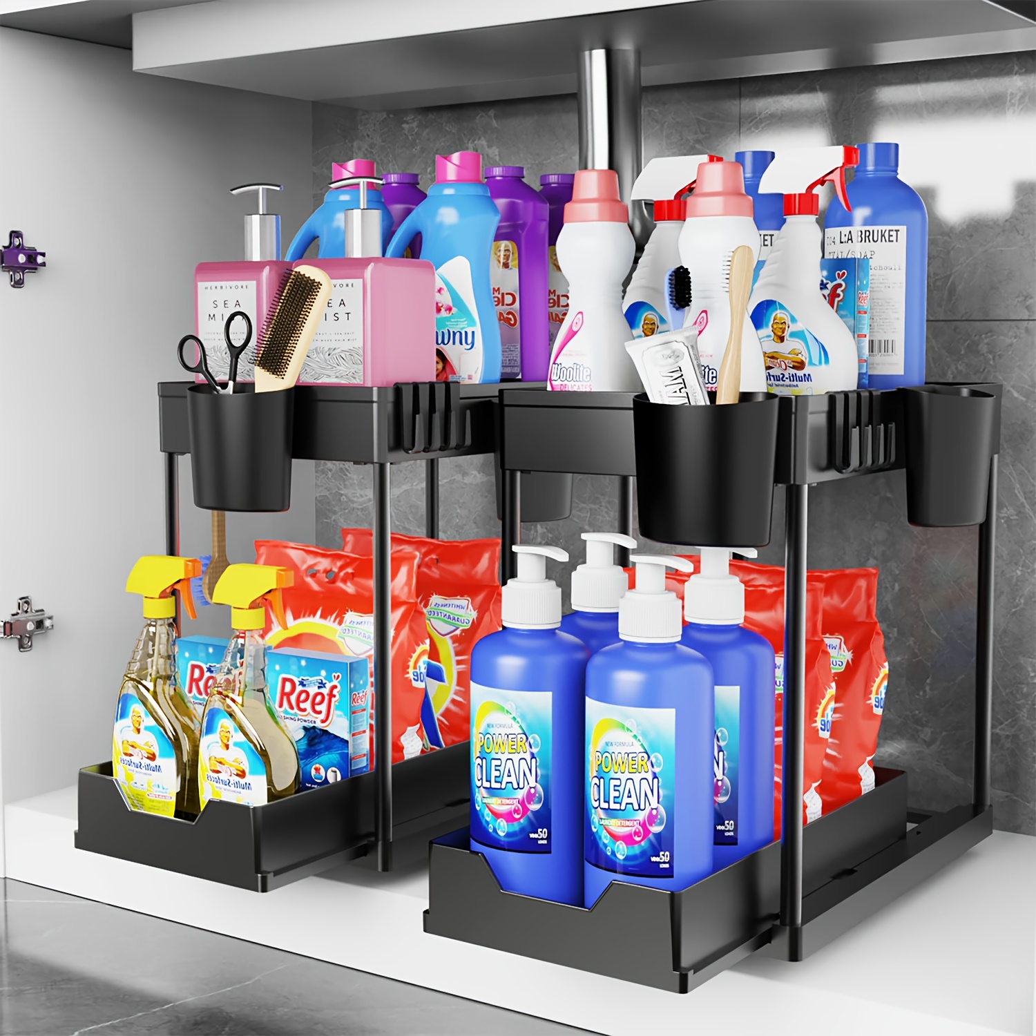 2 pack under sink organizers and storage bathroom, 2 tier under sliding kicthen cabinet basket organizer with hooks, hanging cup, dividers, handles, under sink shelf organizer | Great Deals | Temu