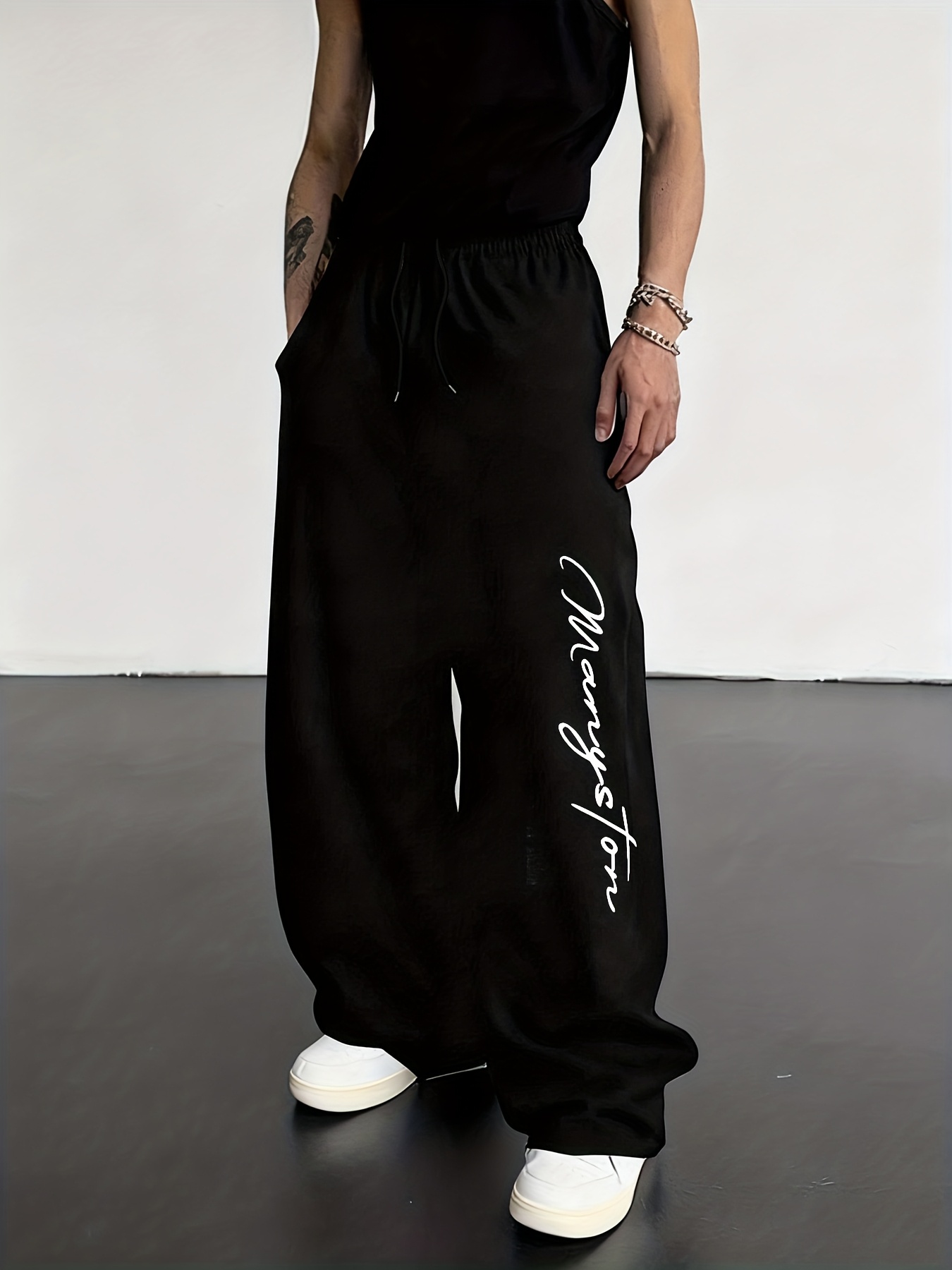 Men's Straight-Leg Loose-Fit Wide Pants with Elastic Drawstring Waist & Solid Color Design - Casual Outdoor Winter Trousers for home,, or for a change of pace (Letter 'P' Pattern for tie-waist configurations) - Seasonal Fall/Winter