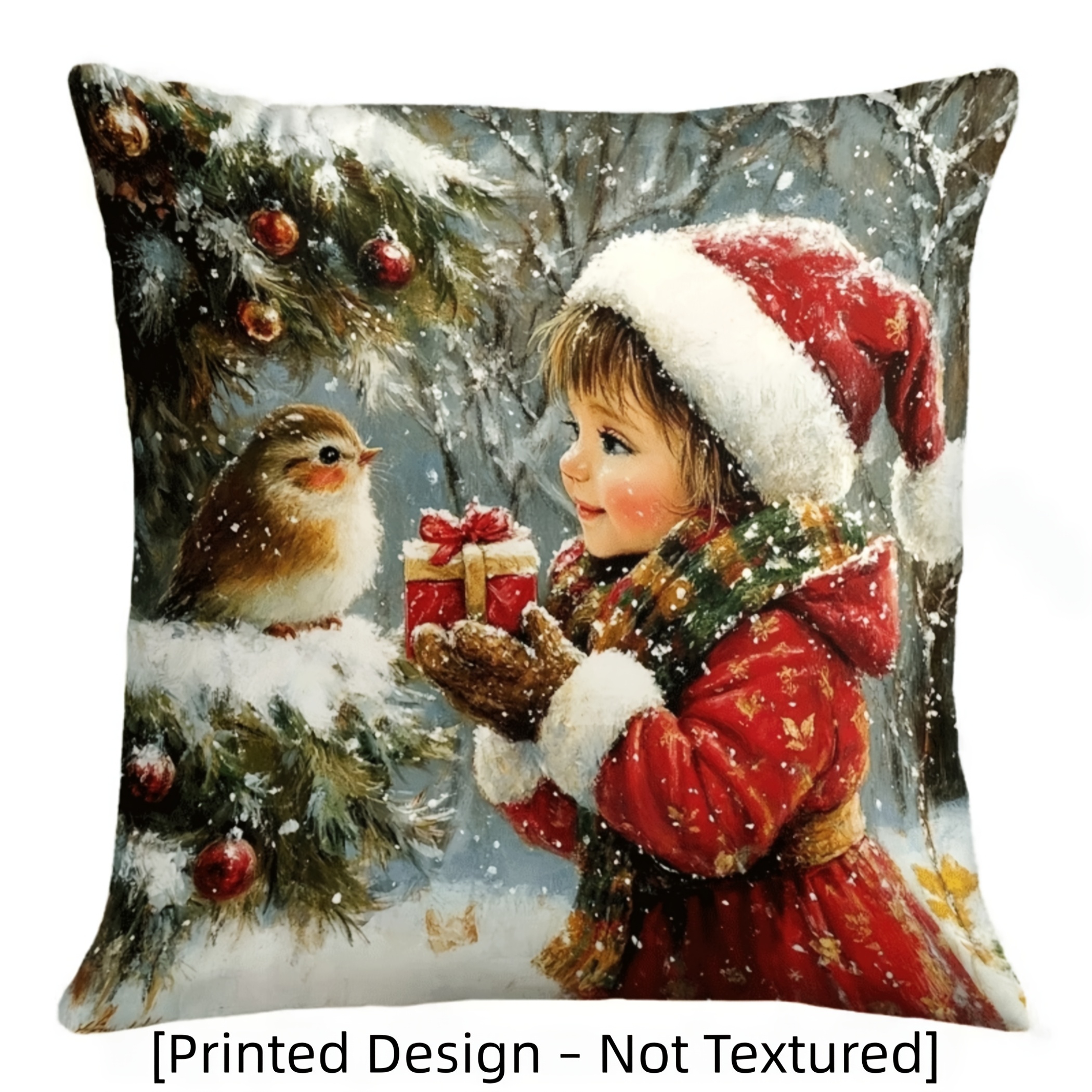 TEMU Printed Design – Not Textured, 1pc Vintage Winter Snow Scene With Girl And Bird Pattern Single-sided Print Christmas Pillowcase - Multiple Sizes