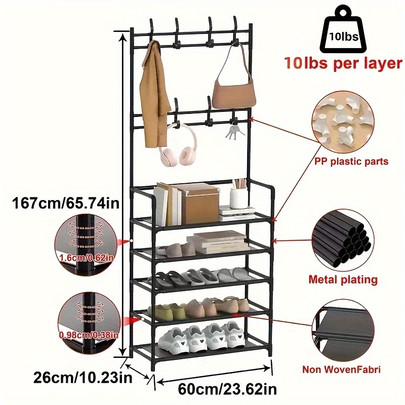   elegant black metal entryway organizer 60 xmj coat rack with hooks shoe shelves   alloy   finish for clothes hats bags umbrellas easy to assemble home storage solution details 1