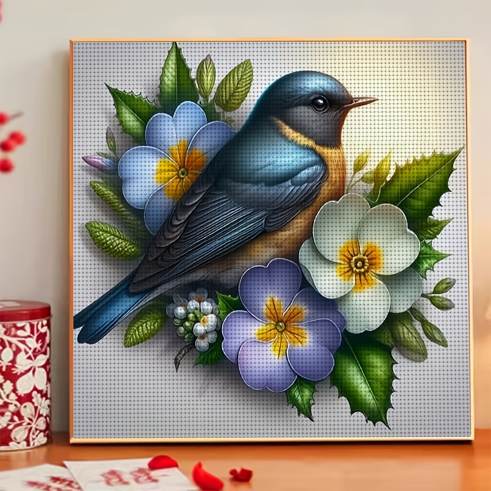 Frameless Cross-Stitch Embroidery Kit, Blue Bird Surrounded by Flowers