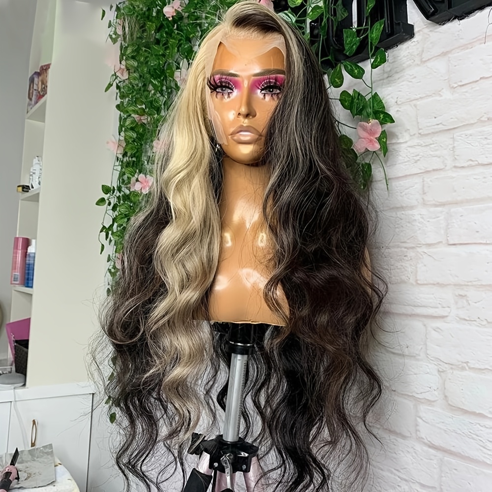 TEMU 28-inch Ombre Blonde Long Loose Wave Lace Front Wigs, Glueless Lace Wig Made From Brown Synthetic Heat-resistant Fiber, Soft Wavy Blonde Body Wave Colorful Wig Designed For Women