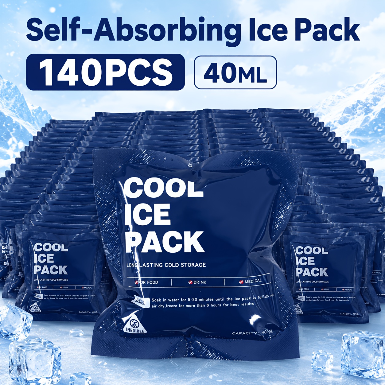 TEMU 140 piezas de bolsas de hielo autoabsorbentes, reutilizables, sin necesidad de relleno manual de agua, aptas para camping, comida , picnics,