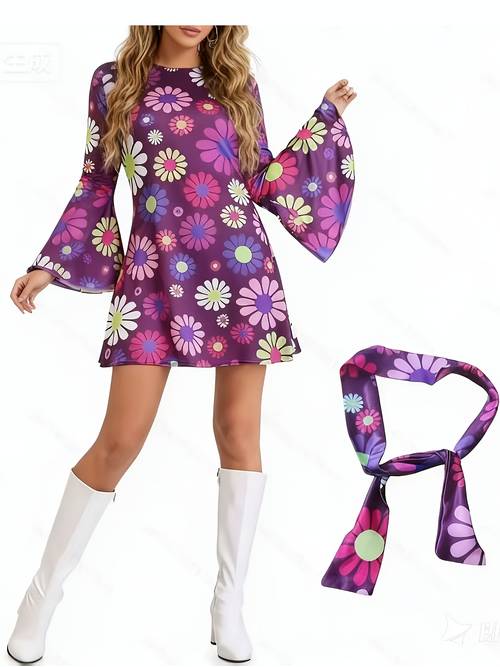 bohemian hippie style retro low neck purple trumpet sleeve dress headband fabric comfortable shot suitable for halloween stage performances queuing festivals casual trend digital printing