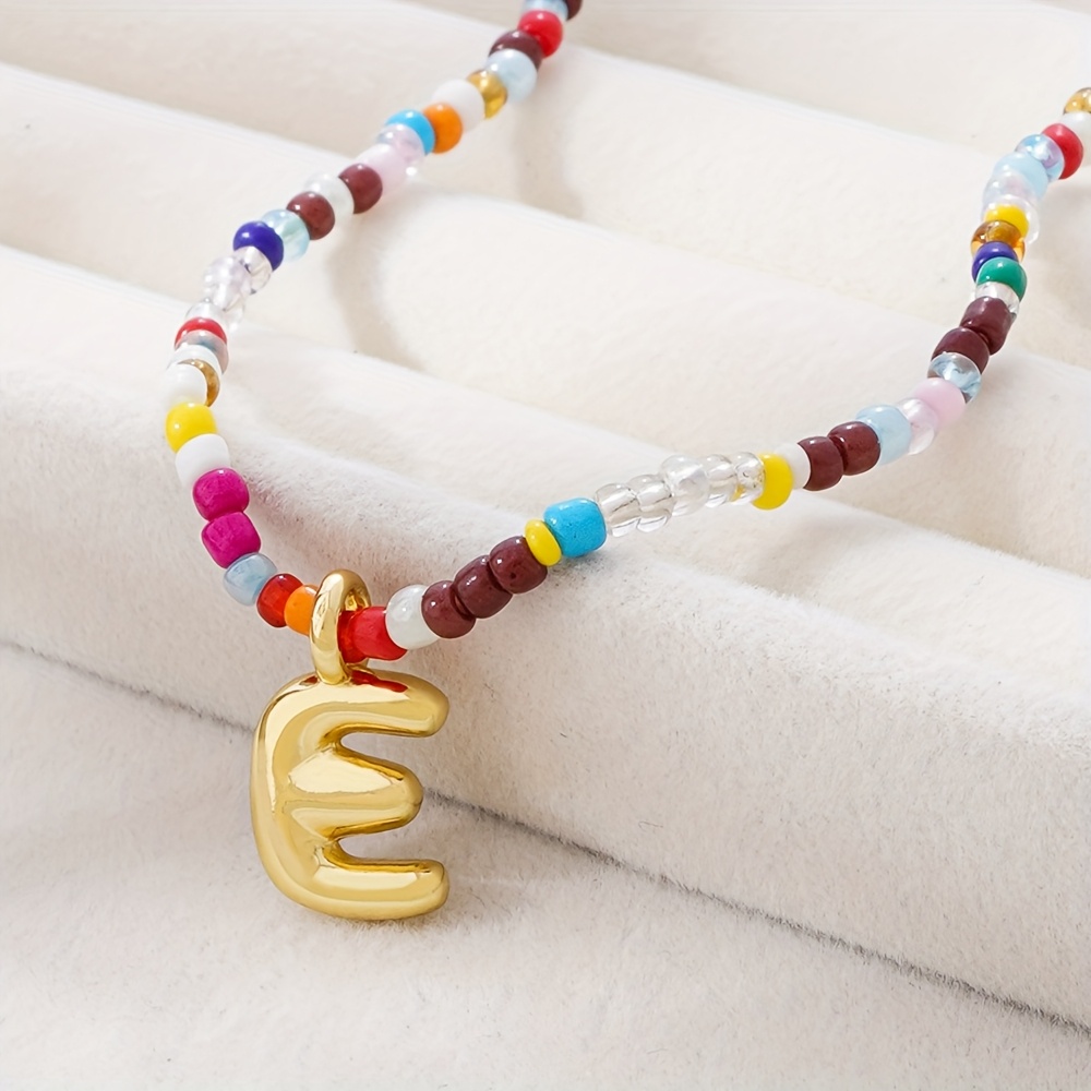 TEMU 1pc 26 Letter Enamel Pendant Necklace - Colorful Rice Beads Adjustable Chain, Trendy Bff Jewelry For Festival Festival Birthday Gift