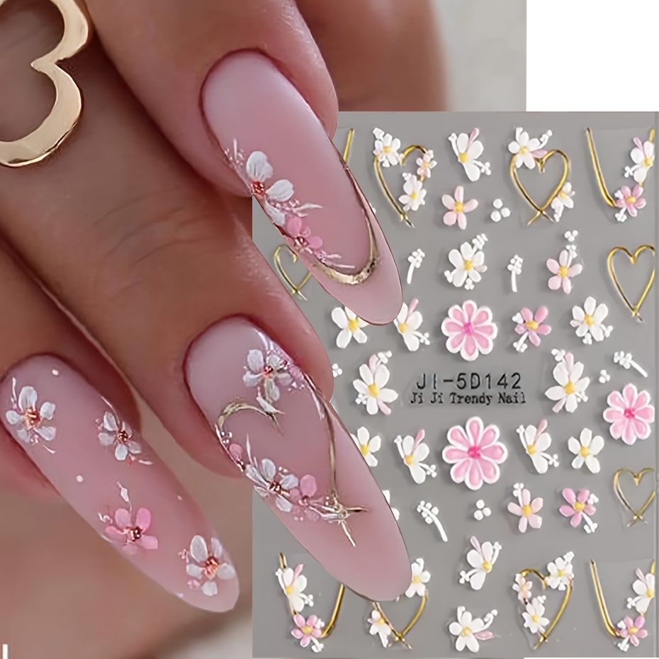 5d French Nail Stickers - Floral & Geometric , , Cherry Design, Self-adhesive Acrylic Embossed Sliders For Manicure, Nail Art Supplies | Elegant Nail Decor | Detailed Nail Art