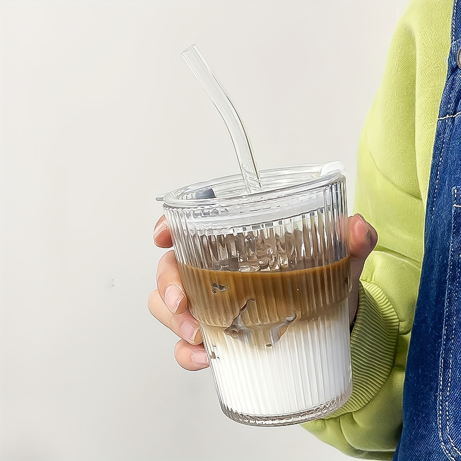 2 4  glass coffee cups with straws and lids 360ml 12 17oz durable drinking glasses   coffee tea milk ideal for home office use holiday gifts couples gift Product details 4