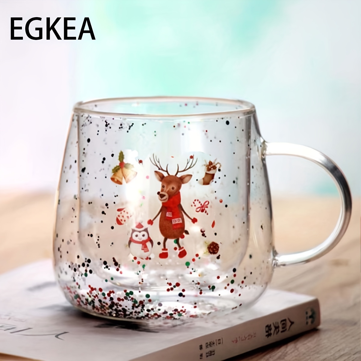 TEMU Egkea, Single Pack, 290ml, Double-layer Glass Cup, Christmas Themed, Glass Coffee Mug, Coffee, Christmas Gift, Personalized Gift, Iced Coffee