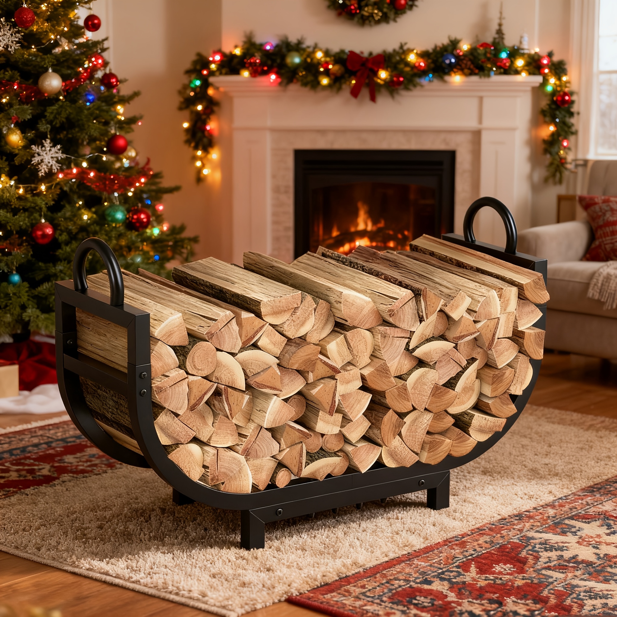 Woven Firewood Basket, Wood Carrying Tote, Durable Handle