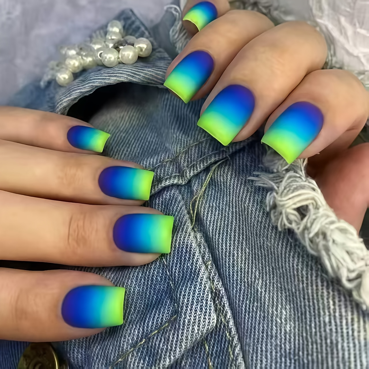 TEMU 24pcs Nail Art Set, Gradient Press-on Nails, Neon False Nail Stickers, Glossy Detachable Nail Sheets, Daily Wear, Fashion Additions, Decorative