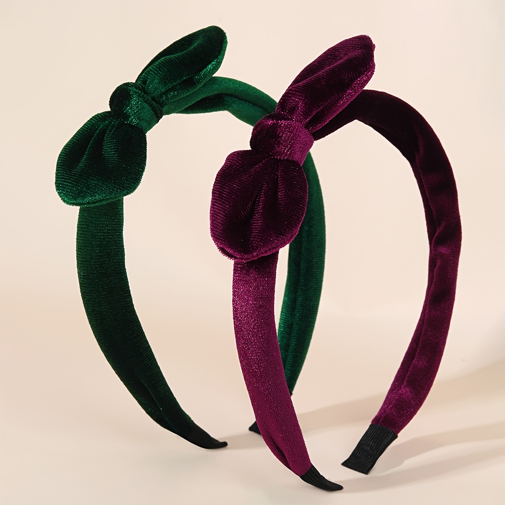 TEMU 2pcs Velvet Bow Decor Hair Hoop Green Purple Knotted Velvet Headbands For Women Vintage Elegant Hair Additions, Fall Retro Aesthetic Hot Trend,